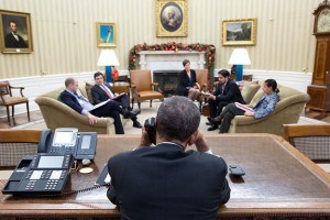 President Barack Obama talks with President Raúl Castro of Cuba from the Oval Office, Dec. 16, 2014. (Official White House Photo by Pete Souza.)